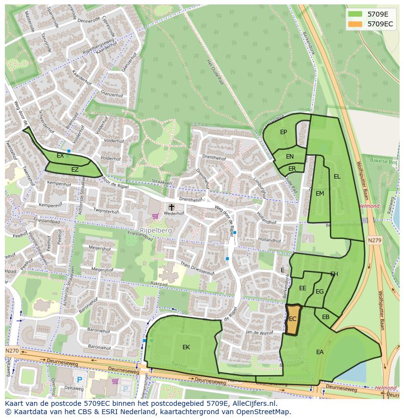 Afbeelding van het postcodegebied 5709 EC op de kaart.