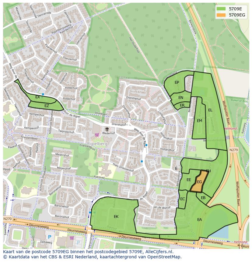 Afbeelding van het postcodegebied 5709 EG op de kaart.