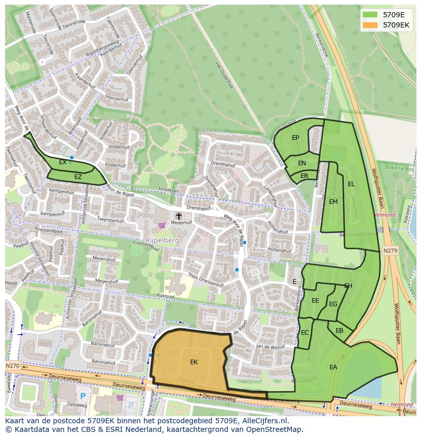Afbeelding van het postcodegebied 5709 EK op de kaart.