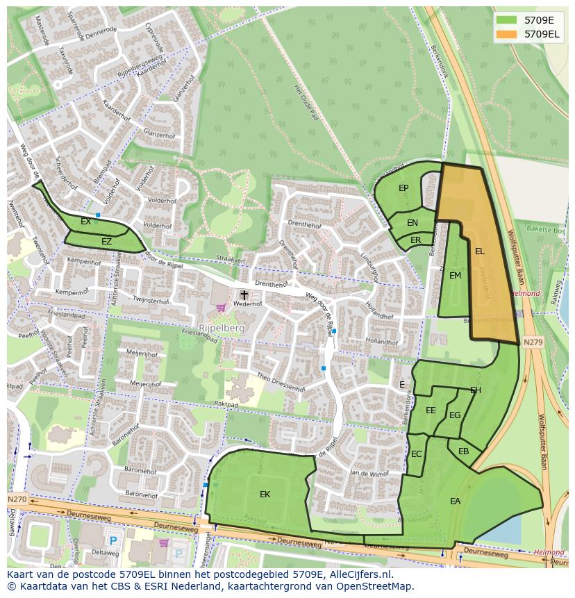 Afbeelding van het postcodegebied 5709 EL op de kaart.