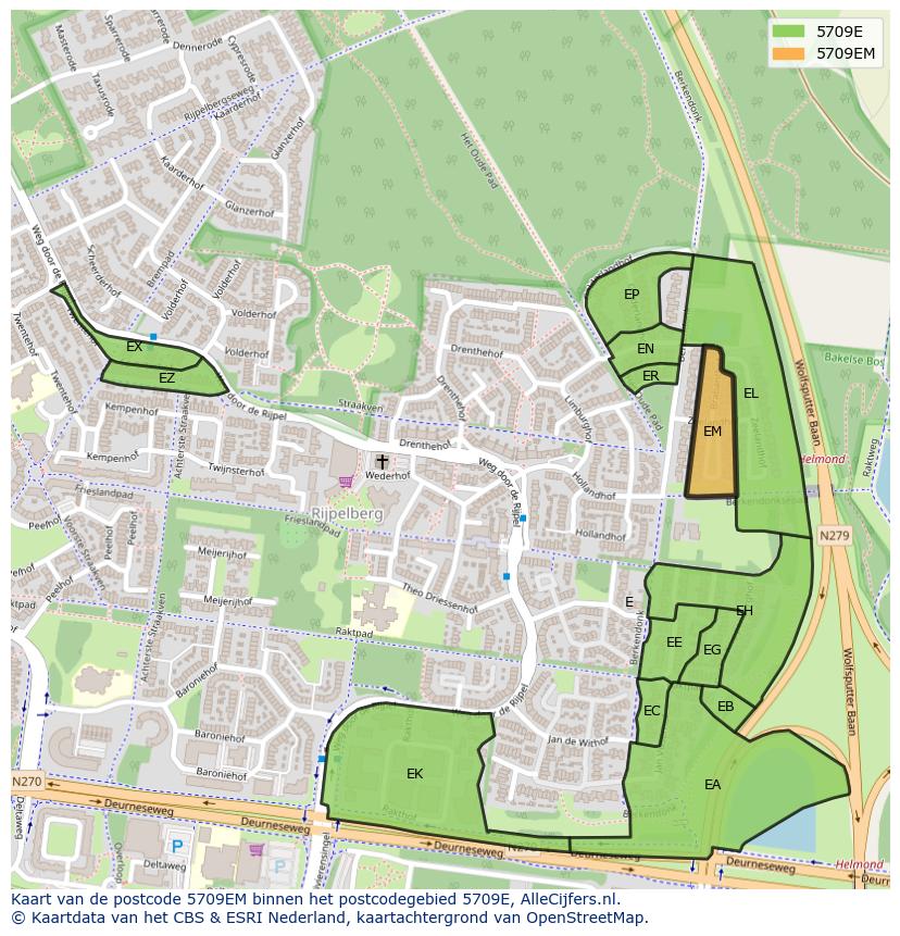 Afbeelding van het postcodegebied 5709 EM op de kaart.