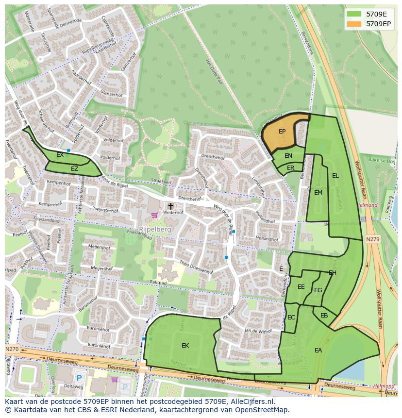 Afbeelding van het postcodegebied 5709 EP op de kaart.