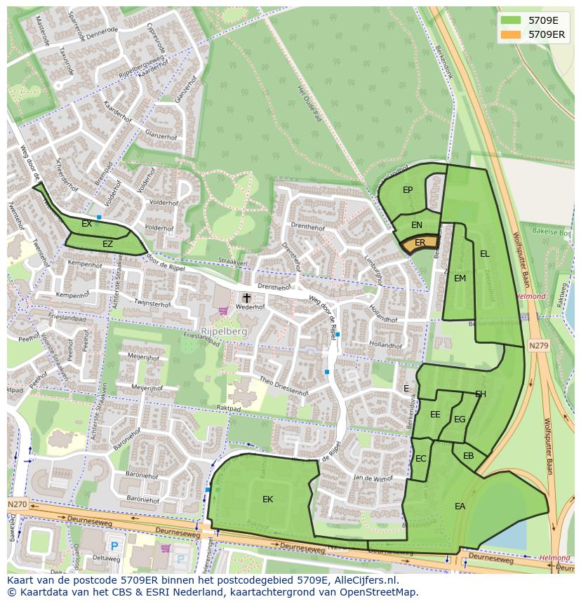 Afbeelding van het postcodegebied 5709 ER op de kaart.