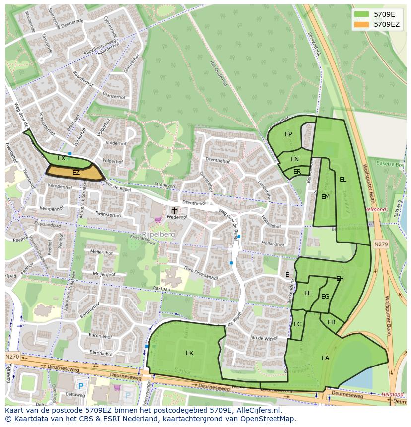 Afbeelding van het postcodegebied 5709 EZ op de kaart.