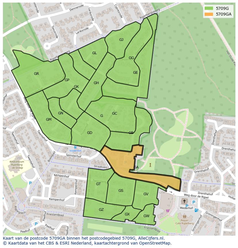 Afbeelding van het postcodegebied 5709 GA op de kaart.