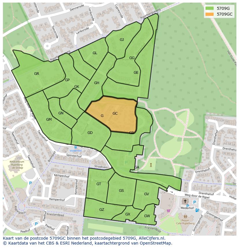 Afbeelding van het postcodegebied 5709 GC op de kaart.