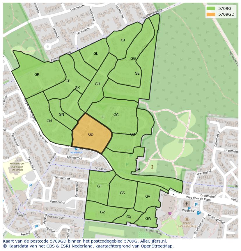 Afbeelding van het postcodegebied 5709 GD op de kaart.