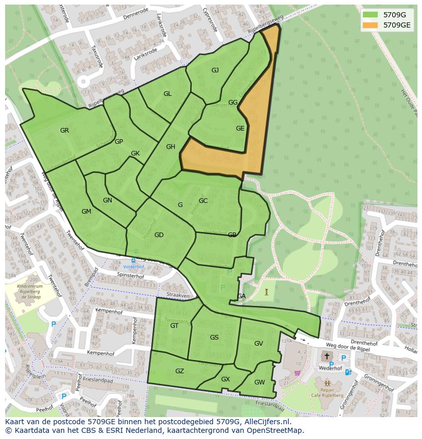 Afbeelding van het postcodegebied 5709 GE op de kaart.