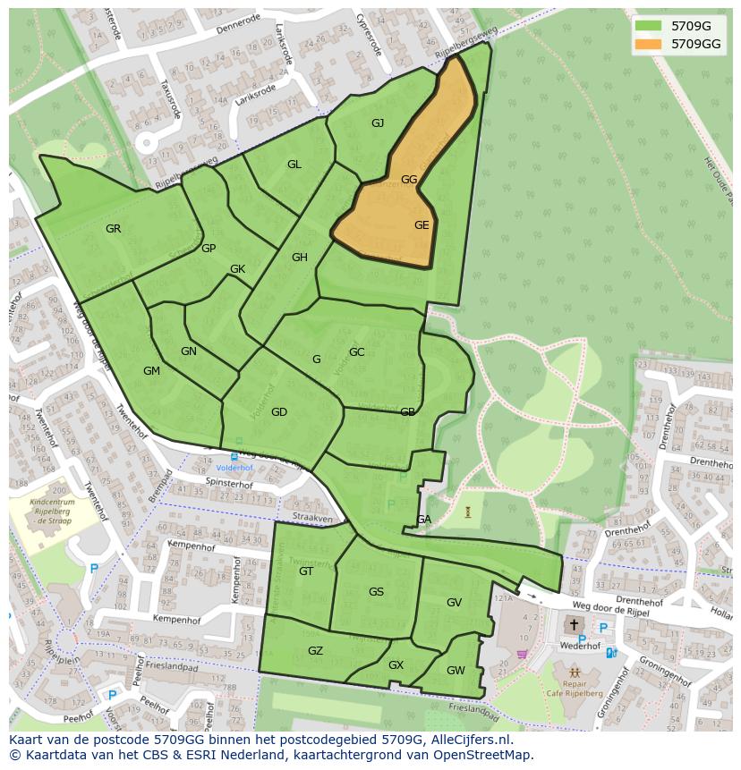 Afbeelding van het postcodegebied 5709 GG op de kaart.