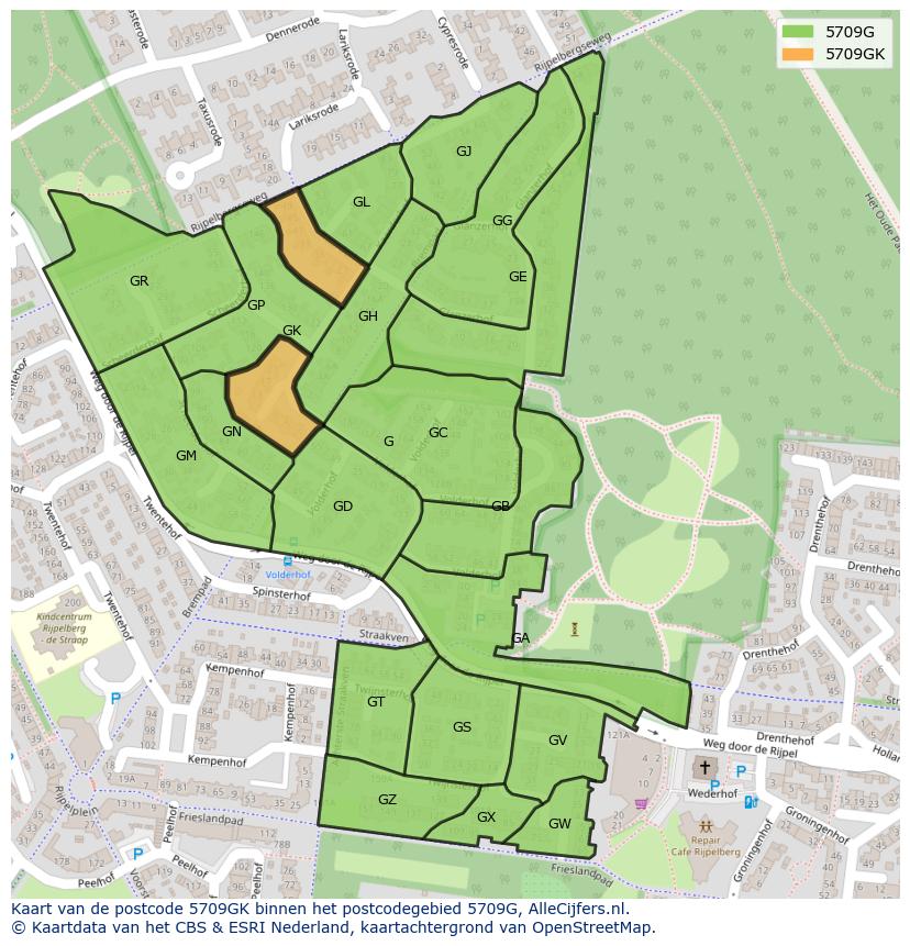 Afbeelding van het postcodegebied 5709 GK op de kaart.