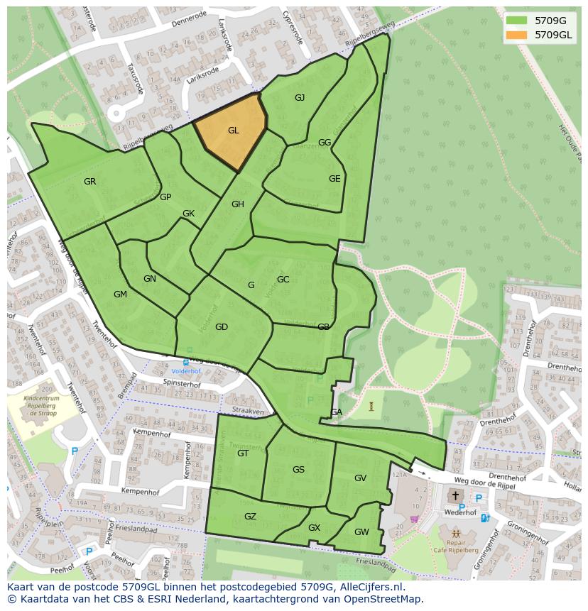 Afbeelding van het postcodegebied 5709 GL op de kaart.