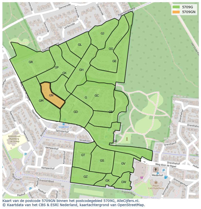 Afbeelding van het postcodegebied 5709 GN op de kaart.