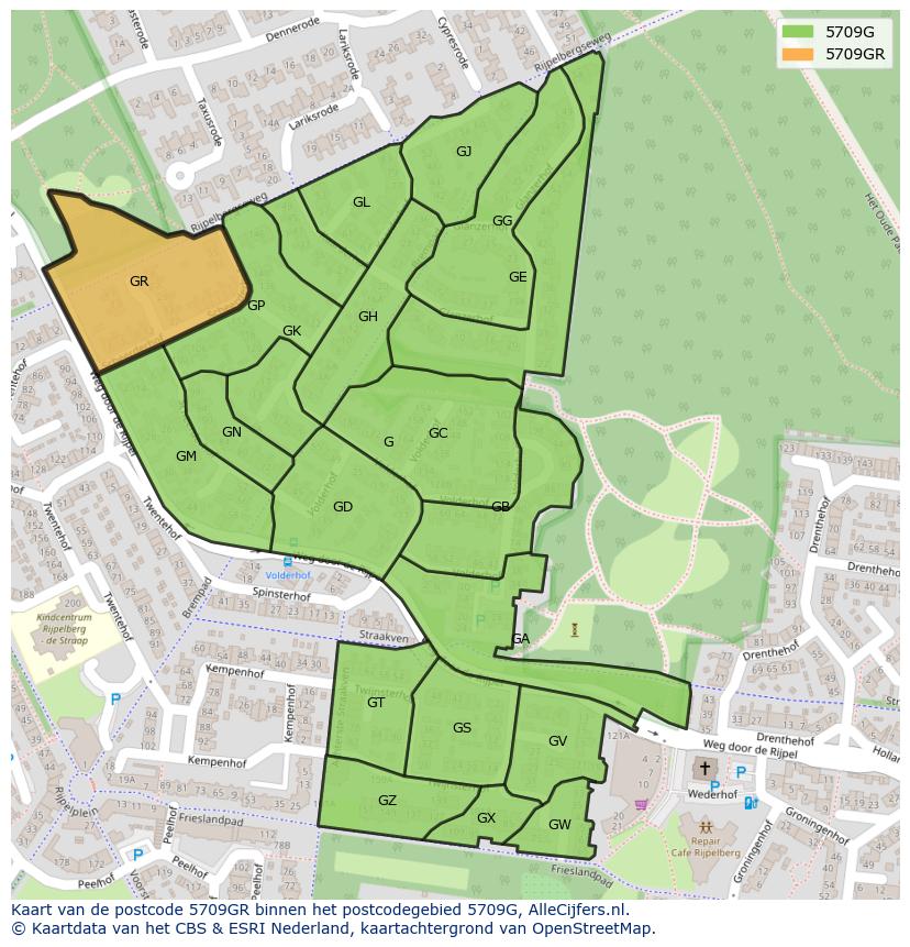 Afbeelding van het postcodegebied 5709 GR op de kaart.