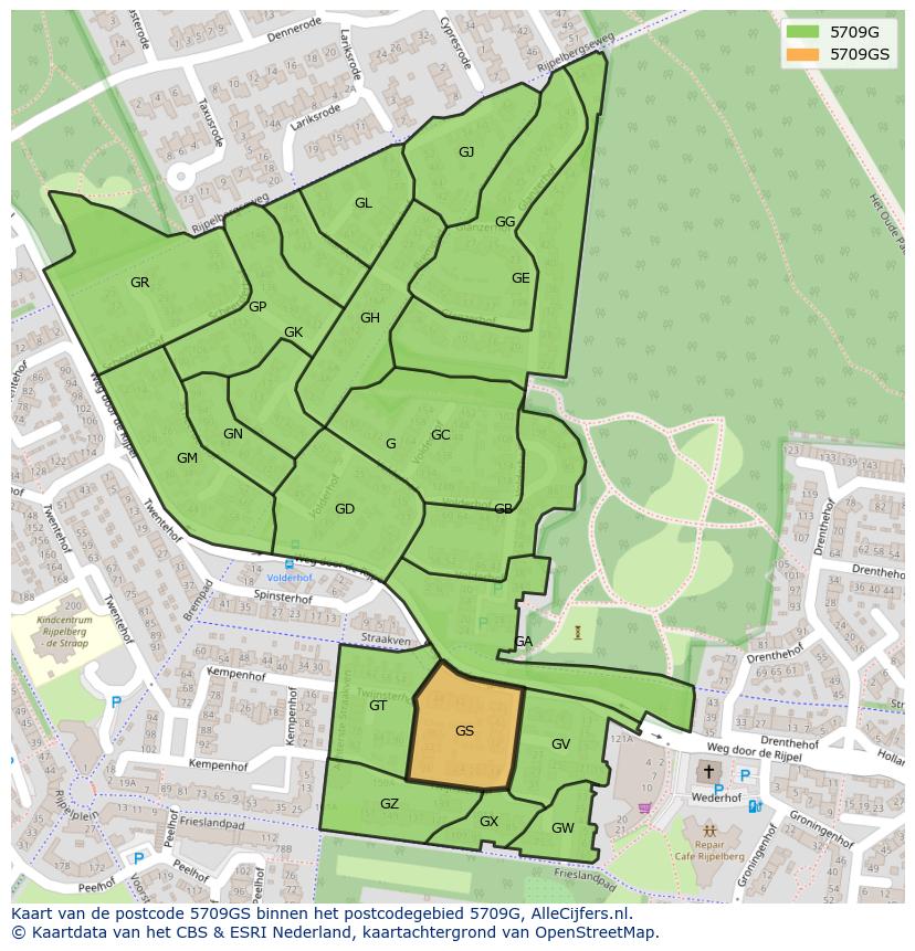 Afbeelding van het postcodegebied 5709 GS op de kaart.