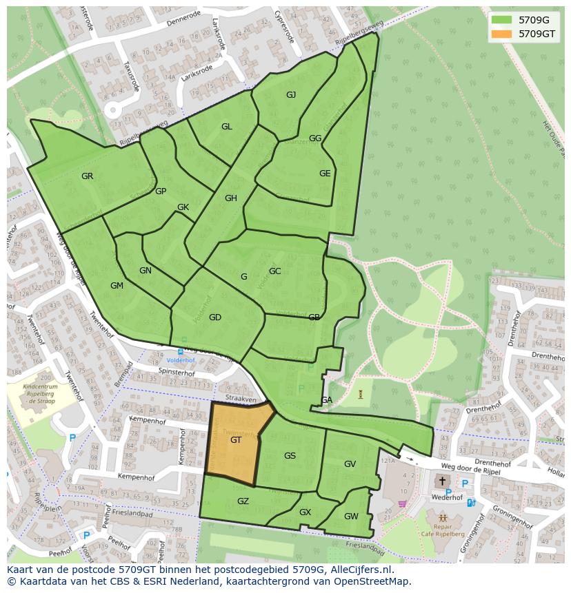 Afbeelding van het postcodegebied 5709 GT op de kaart.