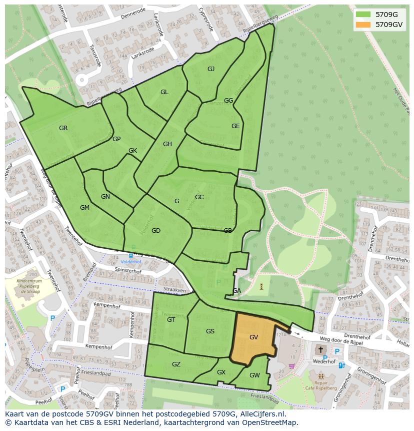 Afbeelding van het postcodegebied 5709 GV op de kaart.
