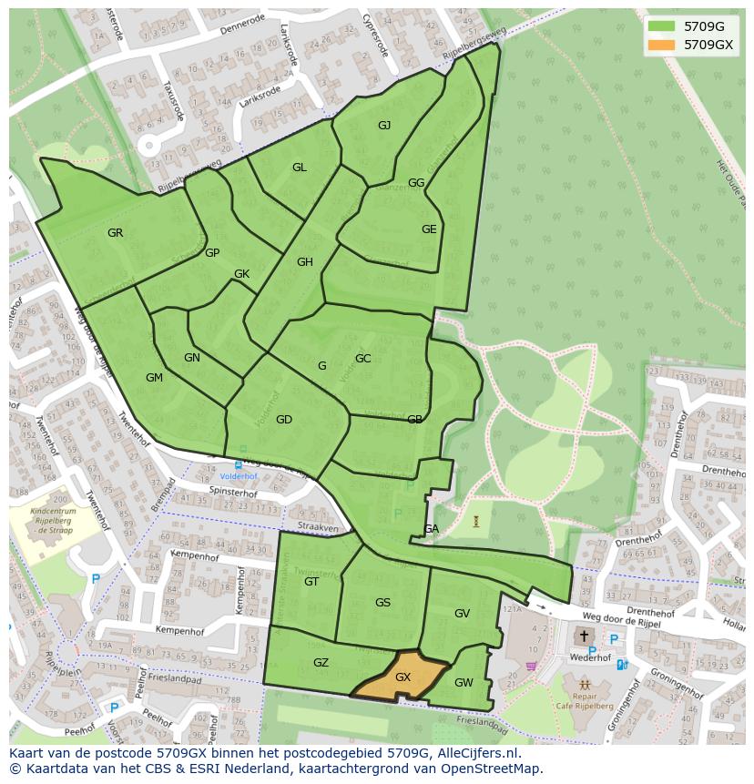 Afbeelding van het postcodegebied 5709 GX op de kaart.