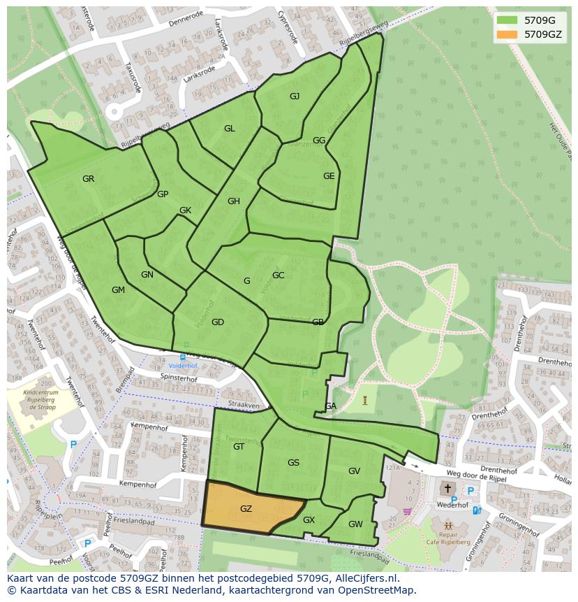 Afbeelding van het postcodegebied 5709 GZ op de kaart.