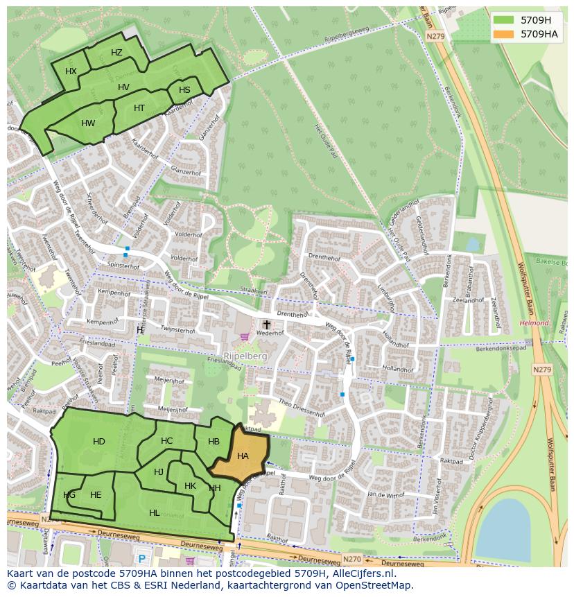 Afbeelding van het postcodegebied 5709 HA op de kaart.