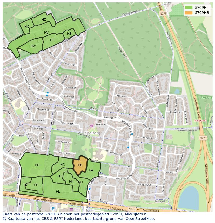 Afbeelding van het postcodegebied 5709 HB op de kaart.