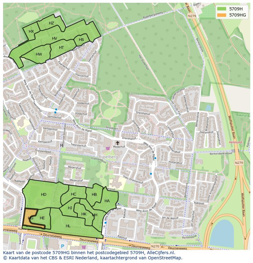 Afbeelding van het postcodegebied 5709 HG op de kaart.