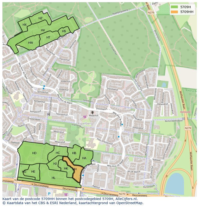 Afbeelding van het postcodegebied 5709 HH op de kaart.
