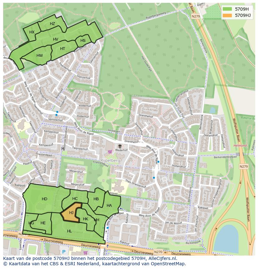 Afbeelding van het postcodegebied 5709 HJ op de kaart.