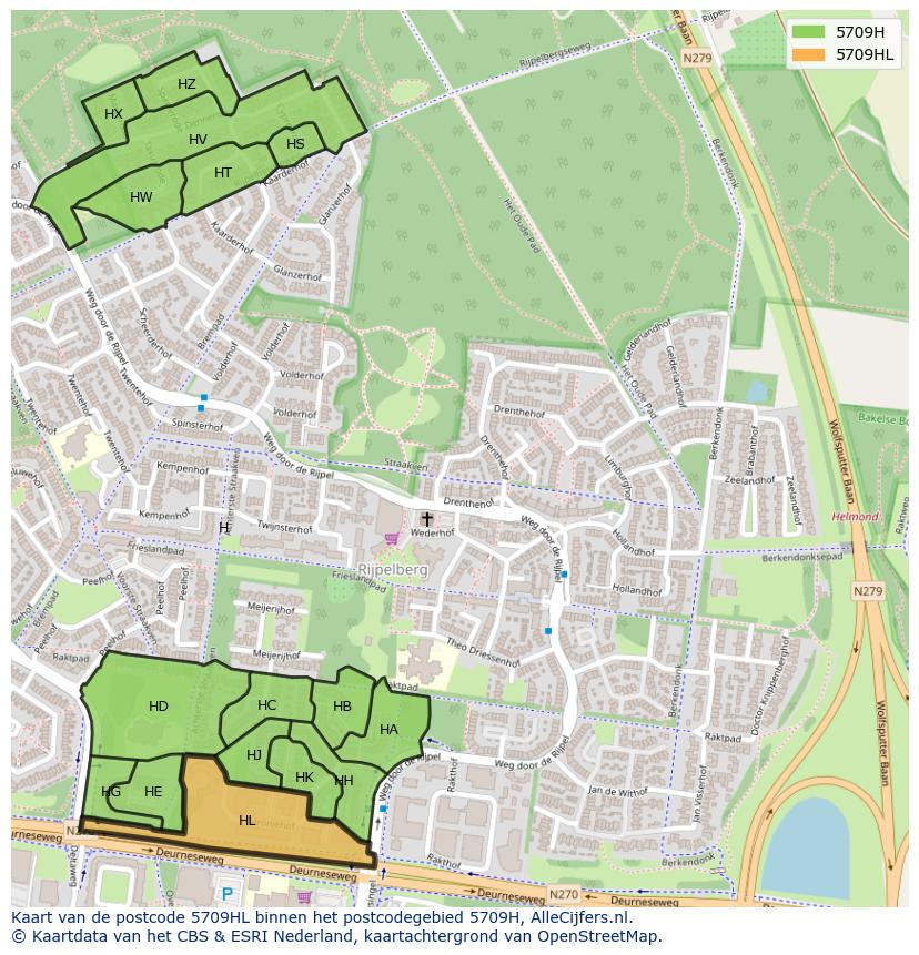 Afbeelding van het postcodegebied 5709 HL op de kaart.