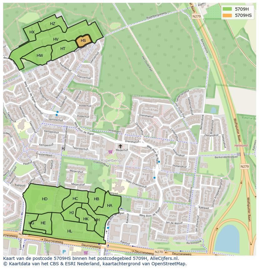 Afbeelding van het postcodegebied 5709 HS op de kaart.
