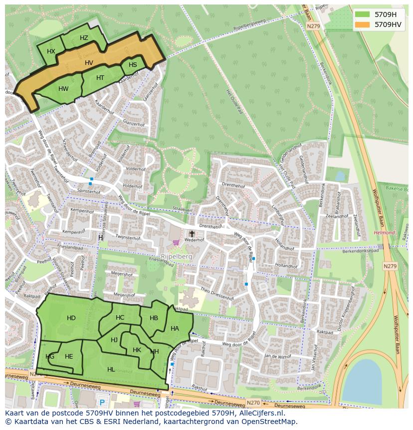 Afbeelding van het postcodegebied 5709 HV op de kaart.