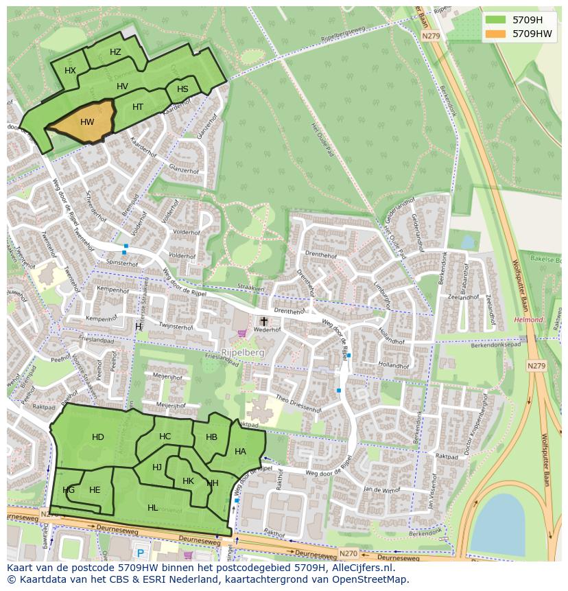 Afbeelding van het postcodegebied 5709 HW op de kaart.