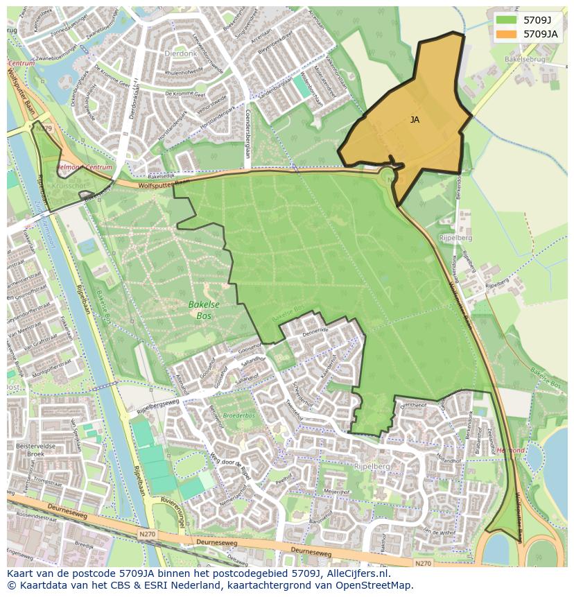 Afbeelding van het postcodegebied 5709 JA op de kaart.
