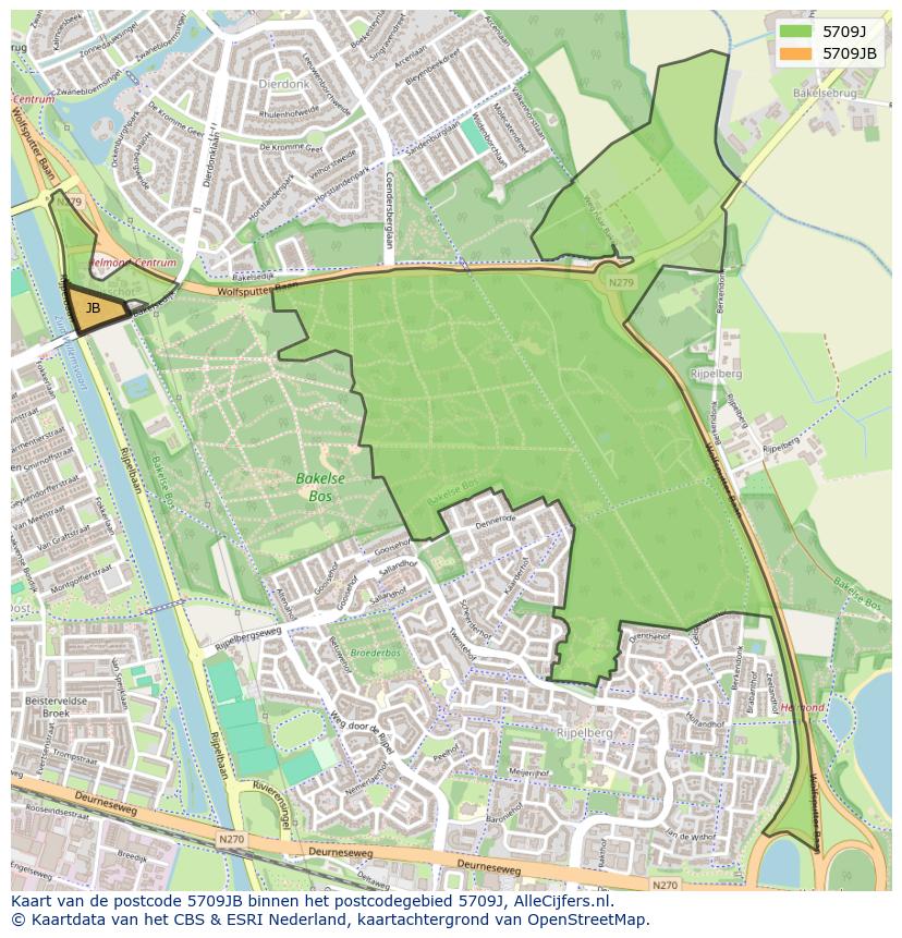 Afbeelding van het postcodegebied 5709 JB op de kaart.