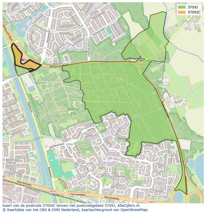 Afbeelding van het postcodegebied 5709 JC op de kaart.