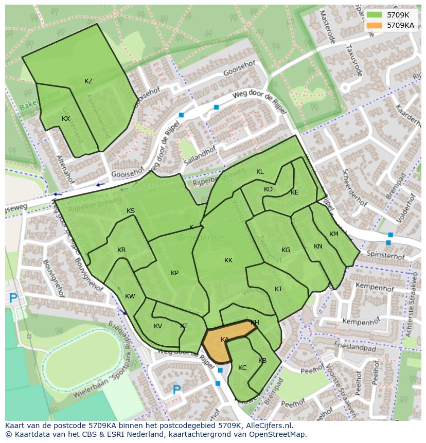 Afbeelding van het postcodegebied 5709 KA op de kaart.