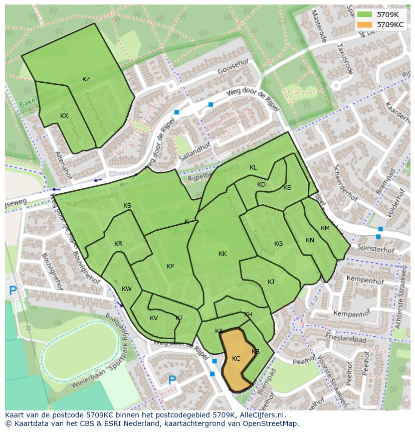 Afbeelding van het postcodegebied 5709 KC op de kaart.