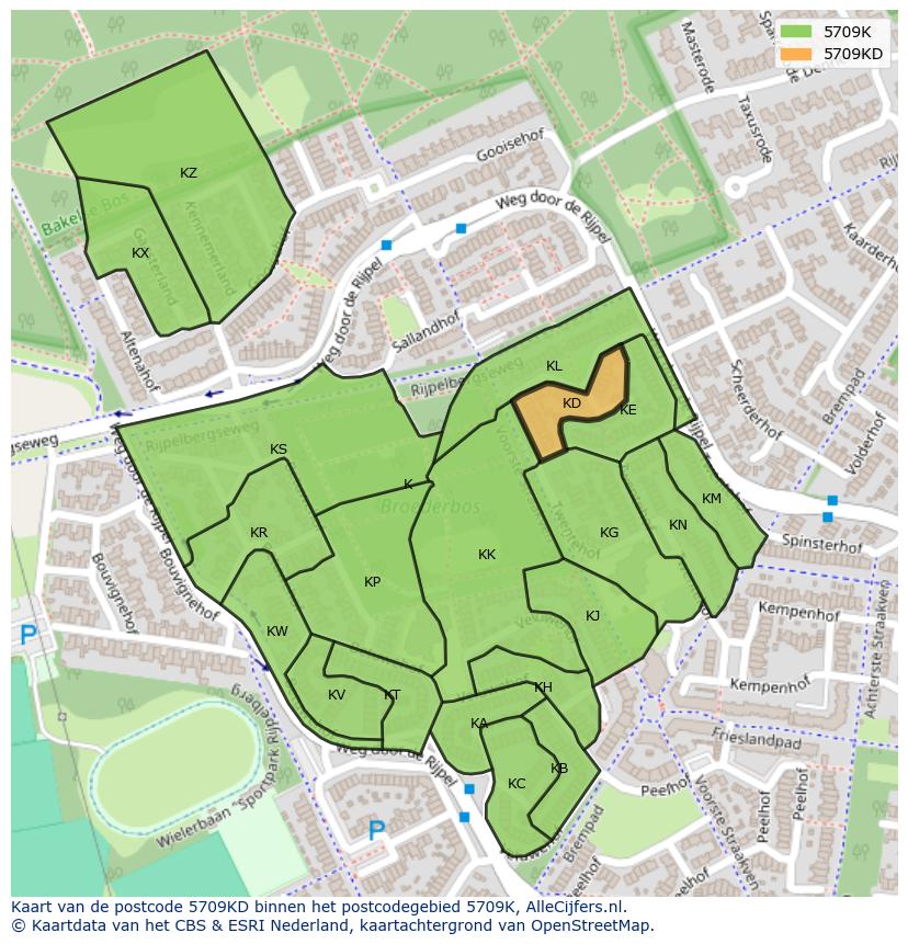 Afbeelding van het postcodegebied 5709 KD op de kaart.