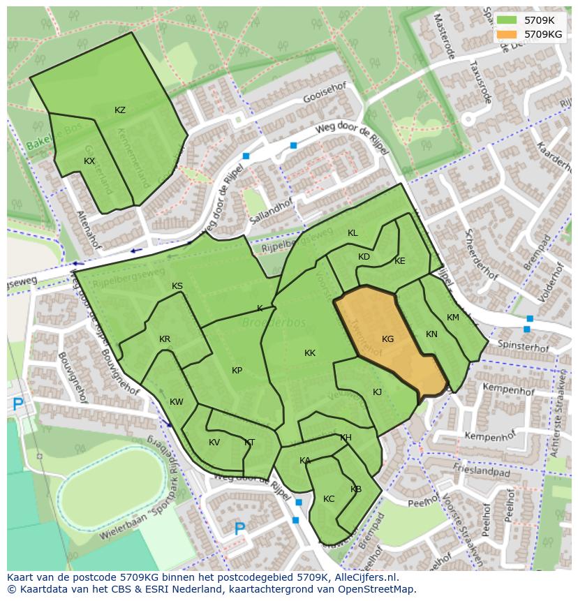 Afbeelding van het postcodegebied 5709 KG op de kaart.