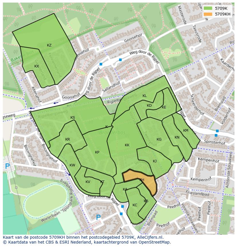 Afbeelding van het postcodegebied 5709 KH op de kaart.