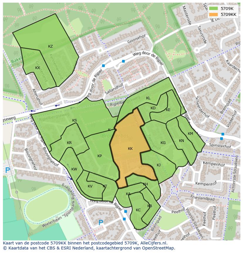 Afbeelding van het postcodegebied 5709 KK op de kaart.
