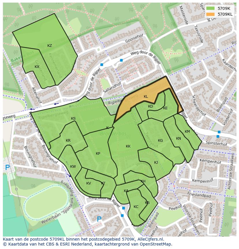 Afbeelding van het postcodegebied 5709 KL op de kaart.