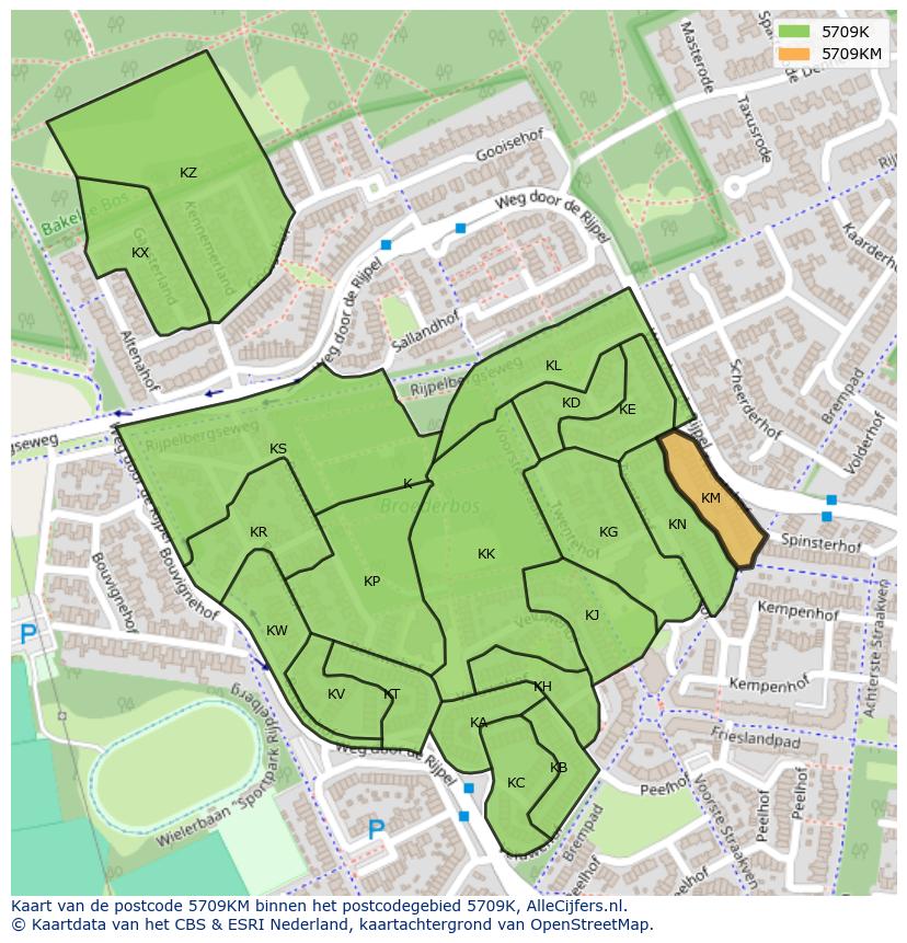 Afbeelding van het postcodegebied 5709 KM op de kaart.
