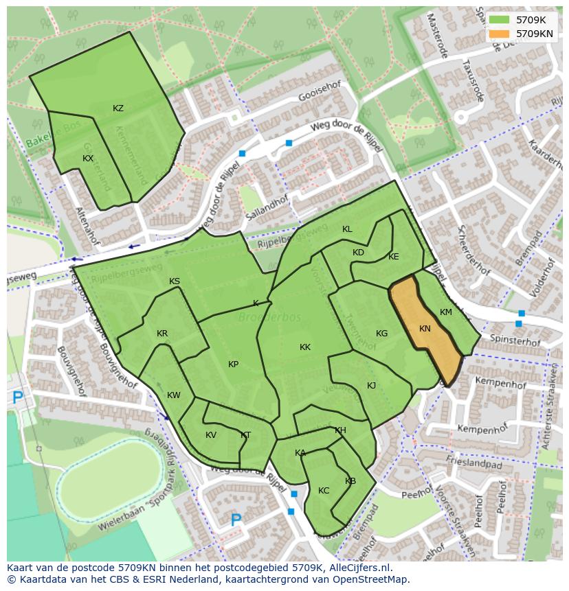 Afbeelding van het postcodegebied 5709 KN op de kaart.