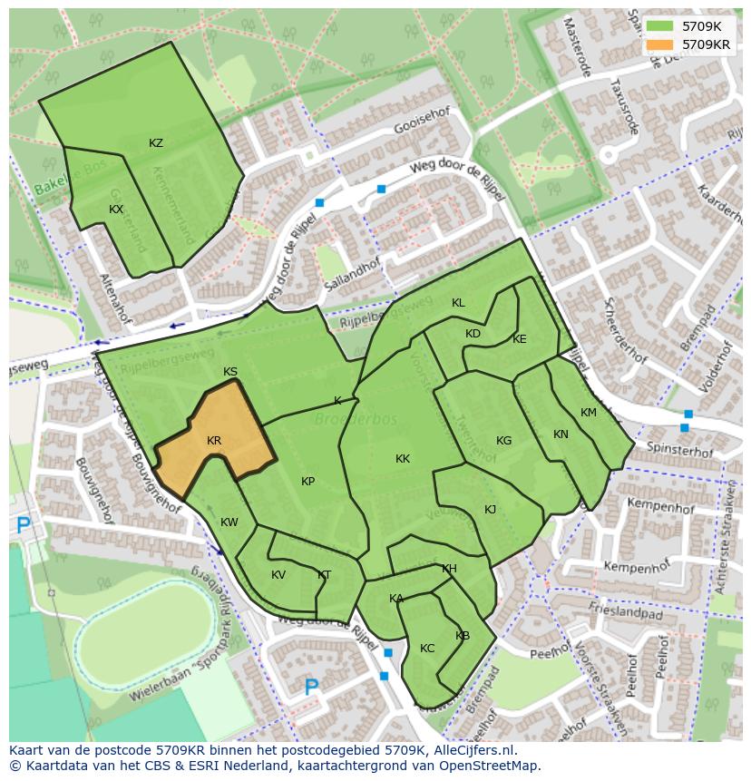 Afbeelding van het postcodegebied 5709 KR op de kaart.