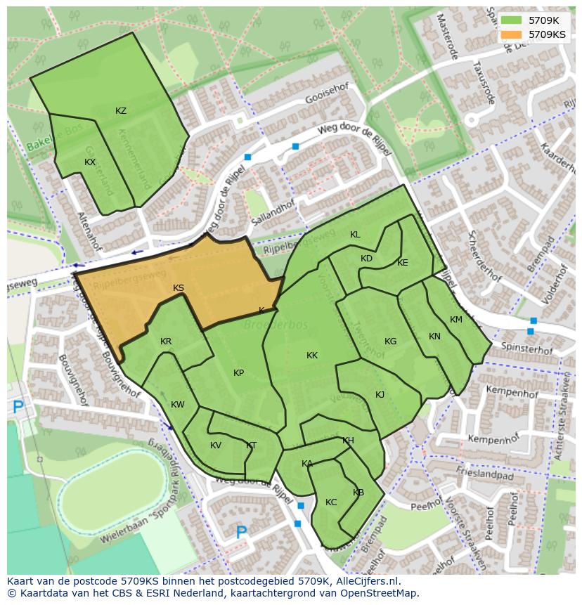 Afbeelding van het postcodegebied 5709 KS op de kaart.