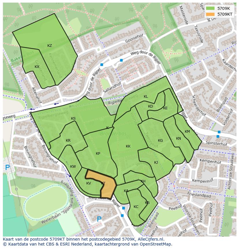 Afbeelding van het postcodegebied 5709 KT op de kaart.