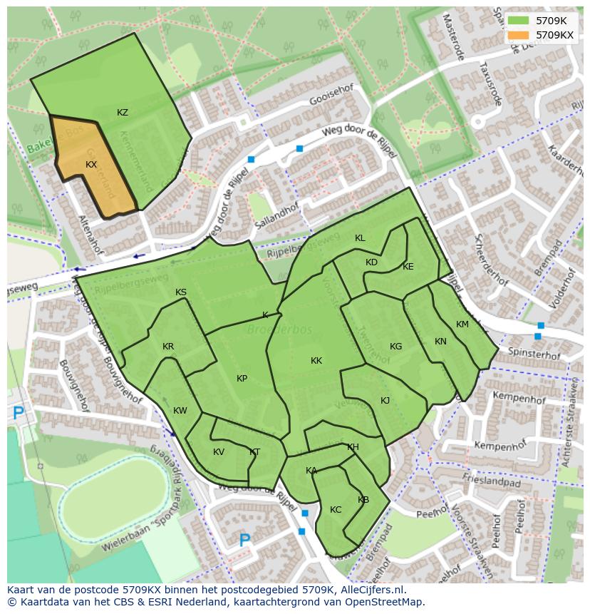Afbeelding van het postcodegebied 5709 KX op de kaart.