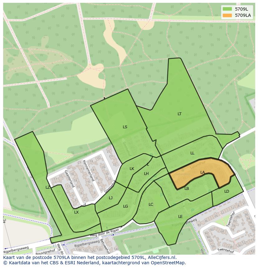 Afbeelding van het postcodegebied 5709 LA op de kaart.