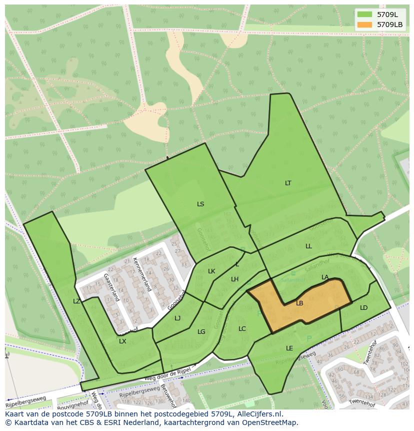 Afbeelding van het postcodegebied 5709 LB op de kaart.