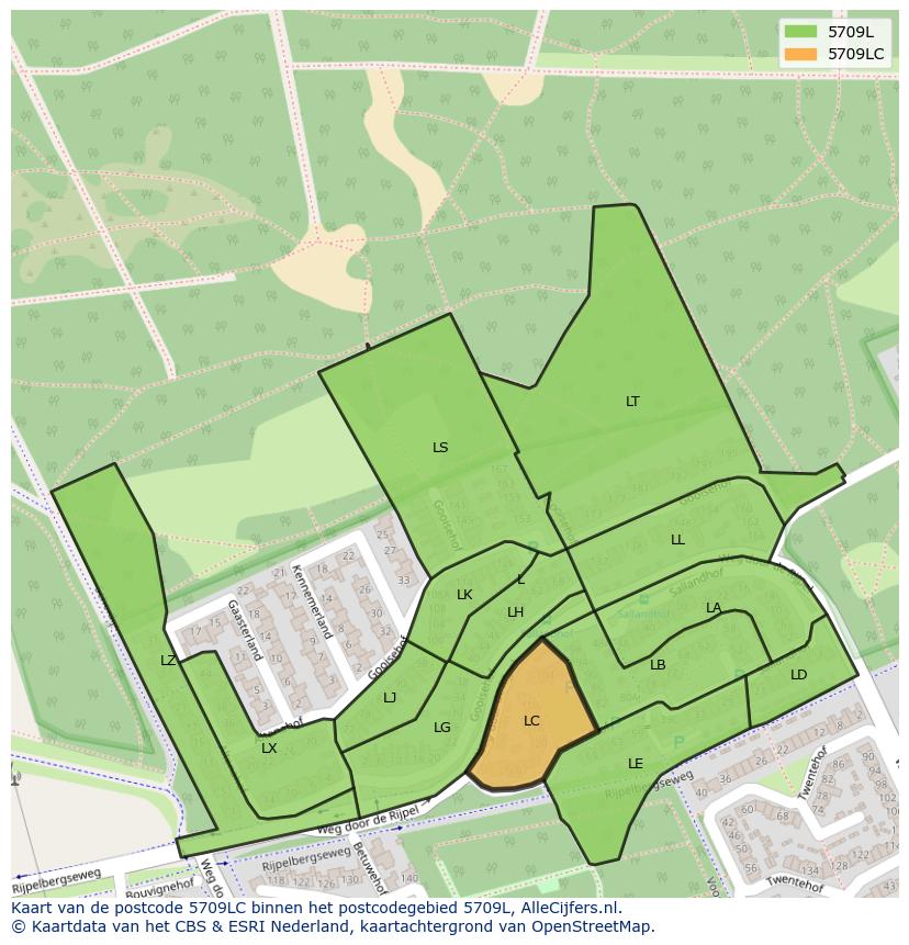 Afbeelding van het postcodegebied 5709 LC op de kaart.